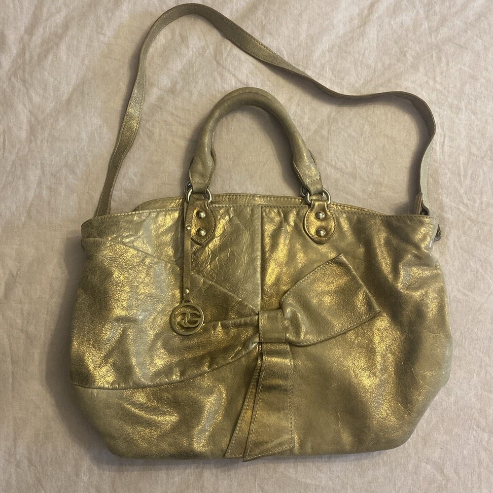 Roberta‎ Gandolfi Shoulder Tote Bag Italian Leather Gold Unique Metallic 3D Bow
